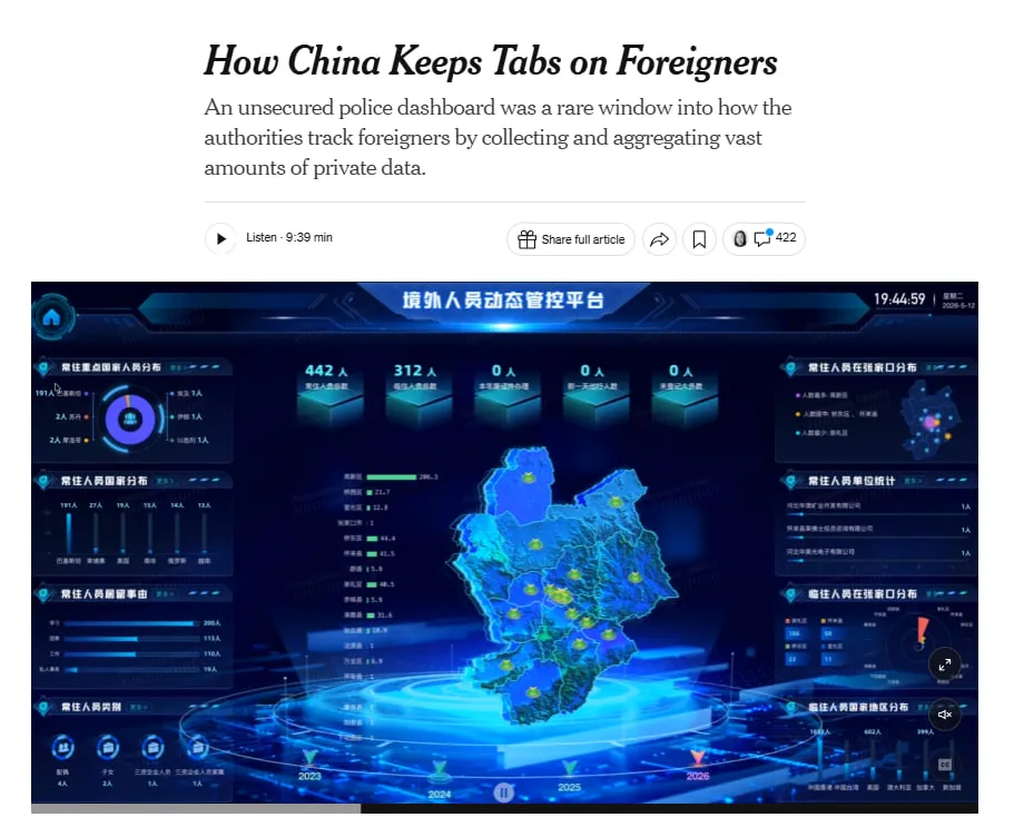 W Chinach odkryto bazę danych służącą do śledzenia obcokrajowców — The New York Times