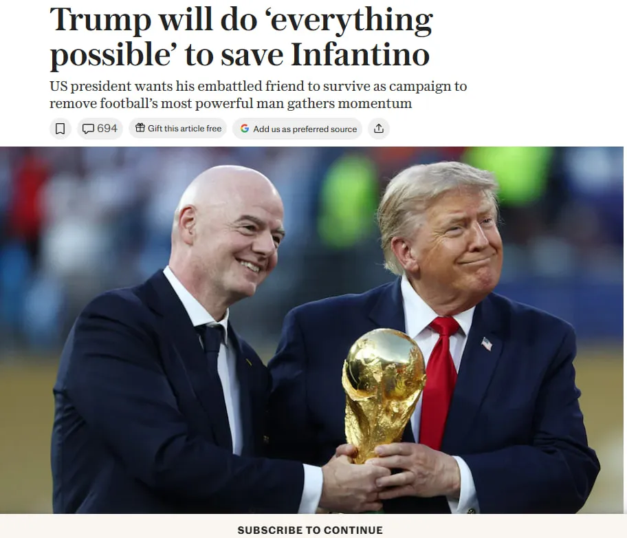 Trump chce, aby Infantino pozostał prezesem FIFA – The Telegraph