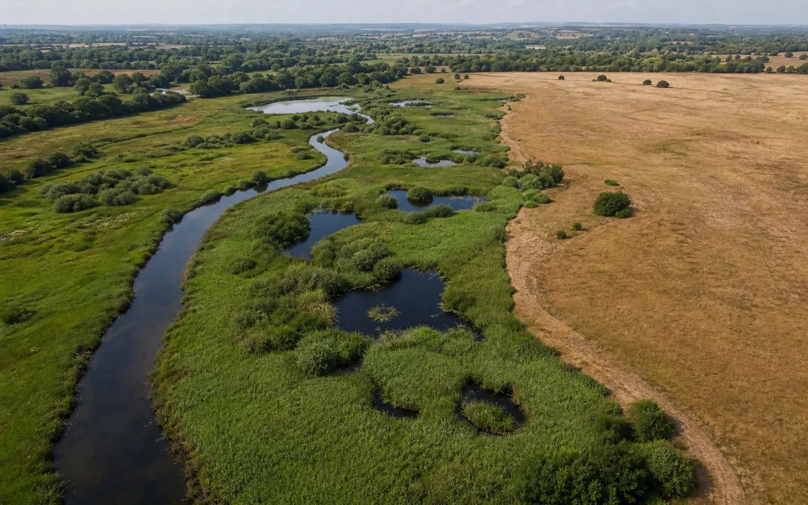 Восстановленные водно-болотные угодья в Англии остались зелеными во время жары