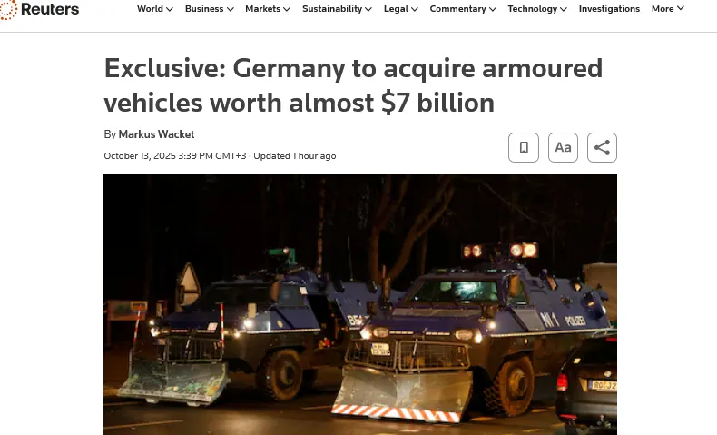 Niemcy planują wydać niemal 7 miliardów euro na nowy sprzęt opancerzony — Reuters