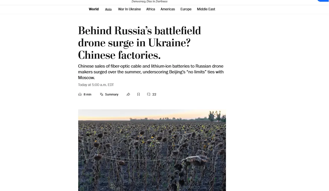 Chiny gwałtownie zwiększyły dostawy komponentów dla rosyjskich dronów – The Washington Post