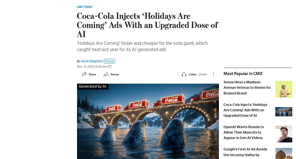 Coca-Cola знову використала ШІ для різдвяної реклами попри критику – відео