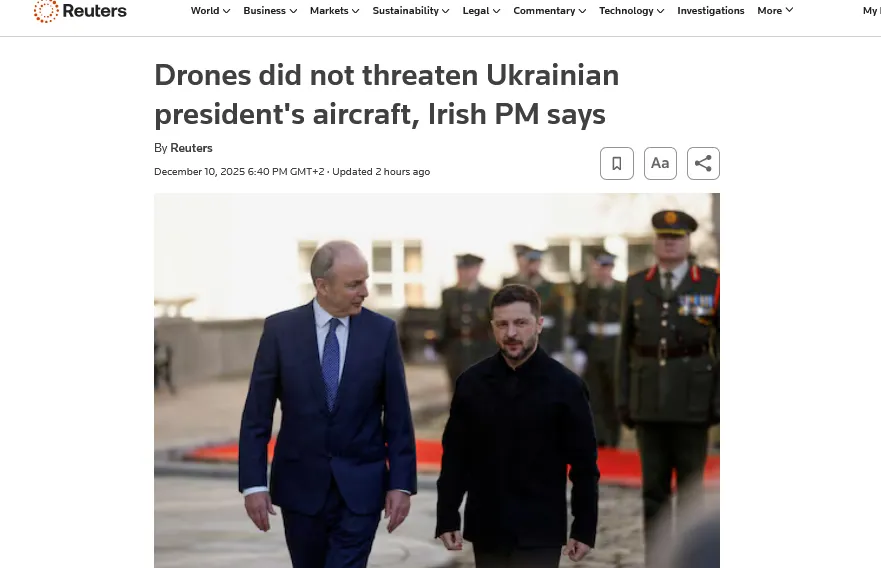 Прем'єр Ірландії визнав, що дрони біля літака Зеленського пов'язані з рф – Reuters