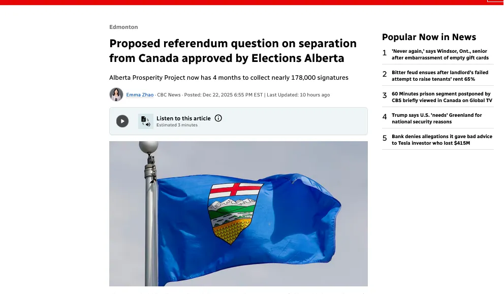 У Канаді ініціювали референдум за незалежність Альберти – CBC