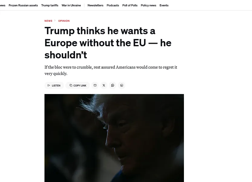 Намагання Трампа зруйнувати ЄС загрожує відродженням територіальних конфліктів та посиленням рф – Politico