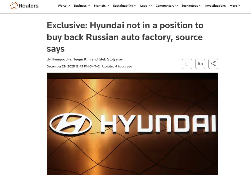Hyundai фактично втратив свій завод у Санкт-Петербурзі – Reuters