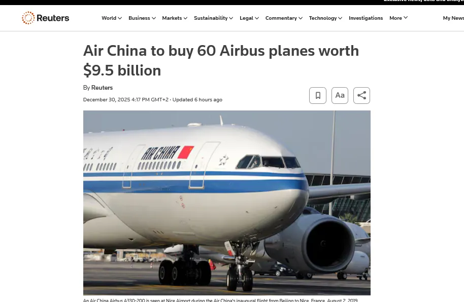 Головний китайський авіаперевізник купує 60 літаків Airbus за 10 мільярдів доларів