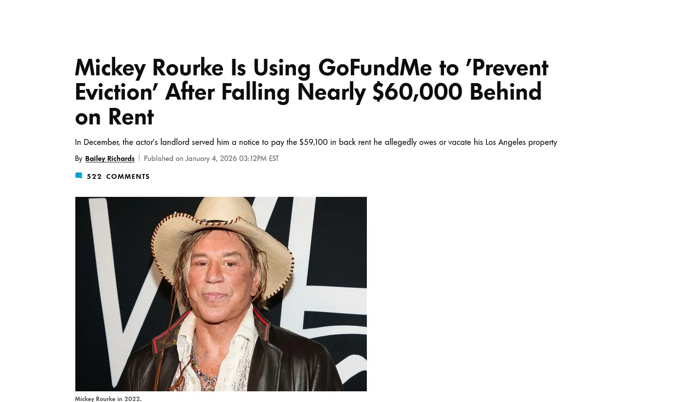 Міккі Рурк шукає донати на тлі загрози виселення з дому через борги