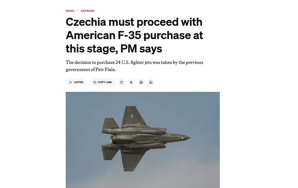 Прем’єр Чехії підтвердив закупівлю F-35 у США, та є нюанс