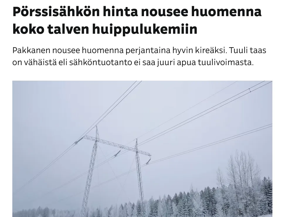 У Фінляндії різко зросли ціни на електроенергію через екстремальні погодні умови