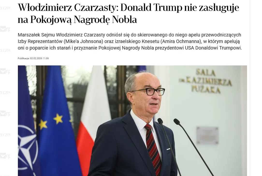Спікер Сейму Польщі виступив проти номінації Трампа на Нобелівську премію миру