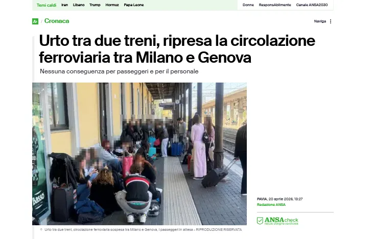 В Італії сталось зіткнення двох потягів на лінії Генуя — Мілан