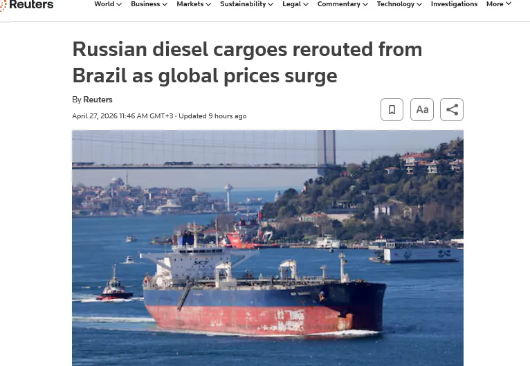 Танкери з російським дизелем розвертаються на шляху до Бразилії через стрибок цін