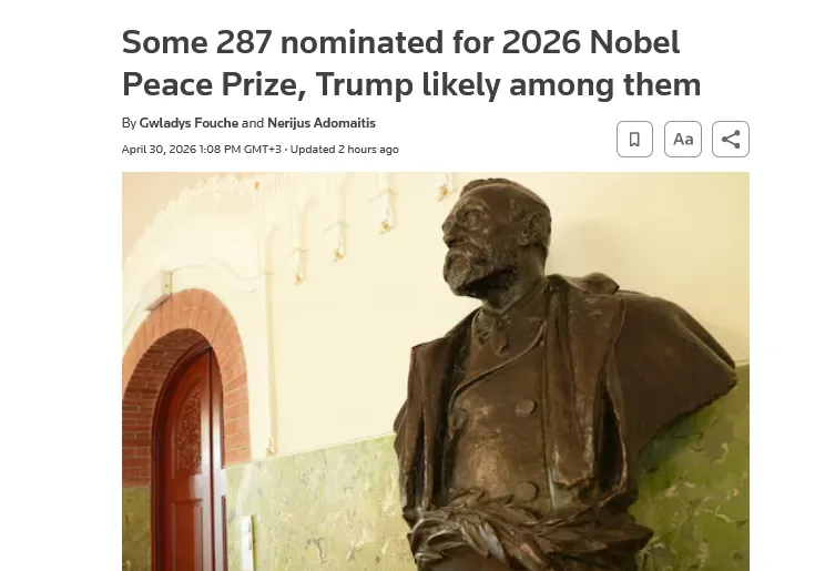 На Нобелівську премію миру-2026 висунули вже 287 кандидатів – Reuters