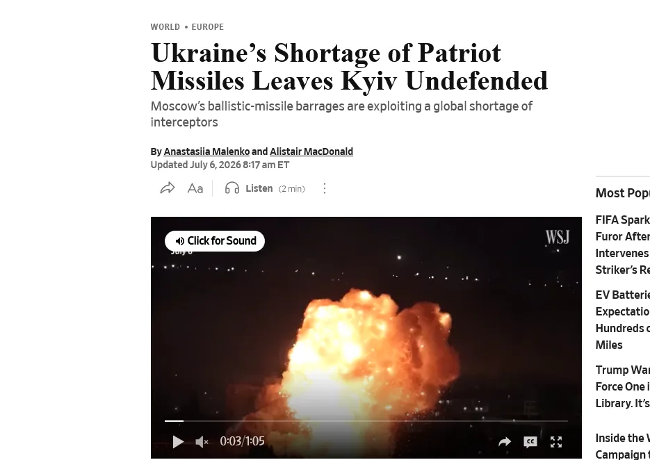 Kyiv Is Left Defenseless Due to a Shortage of Missiles for Patriot Air Defense Systems – WSJ