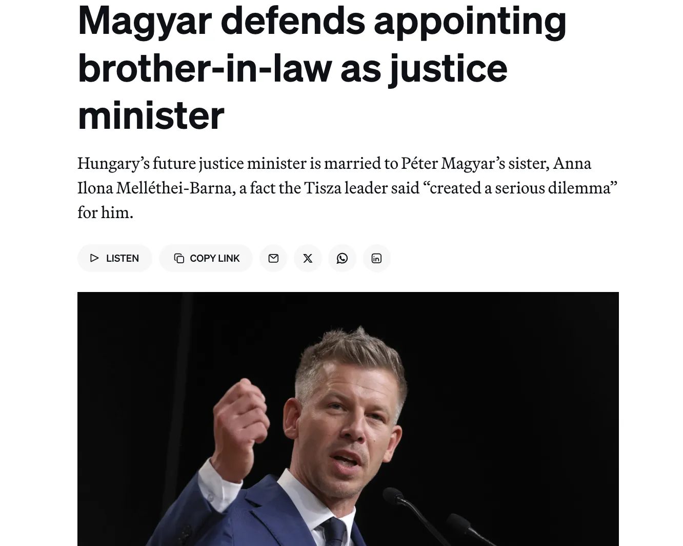 Mátyás appointed a relative as justice minister in Hungary’s new government — Politico