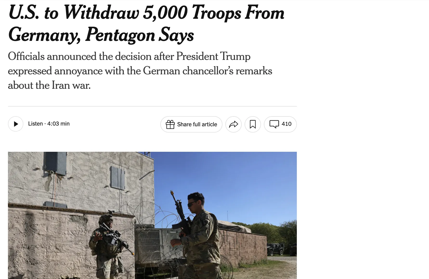 The Pentagon has cited the reason for the withdrawal of troops from Germany — NYT