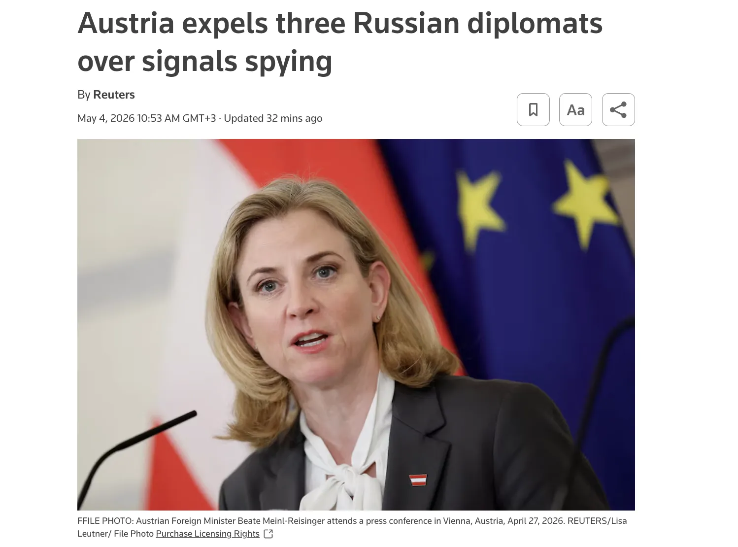 Austria has expelled Russian diplomats over suspected espionage — Reuters