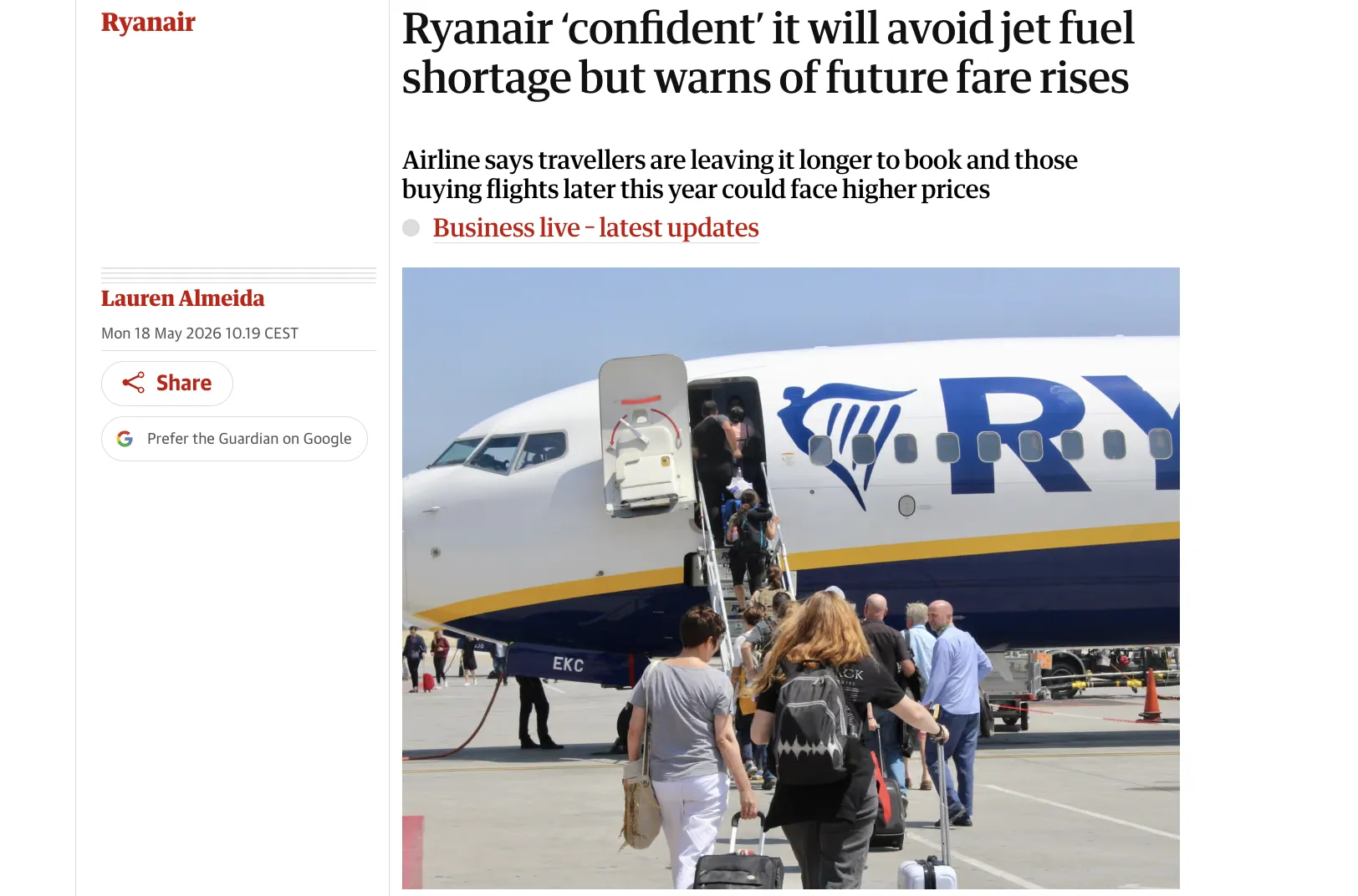 Ryanair не ожидает массовых отмен рейсов летом – The Guardian