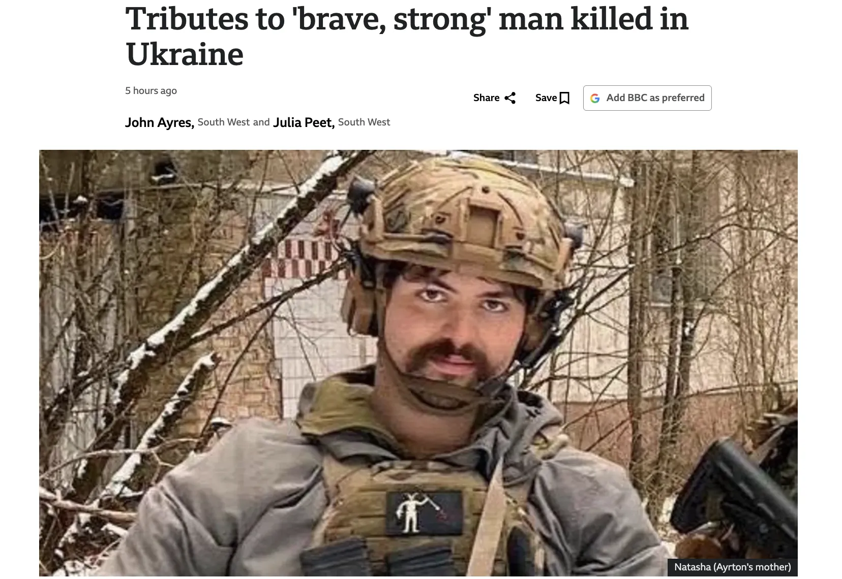 British volunteer Ayrton Redfern was killed in the fighting for Ukraine