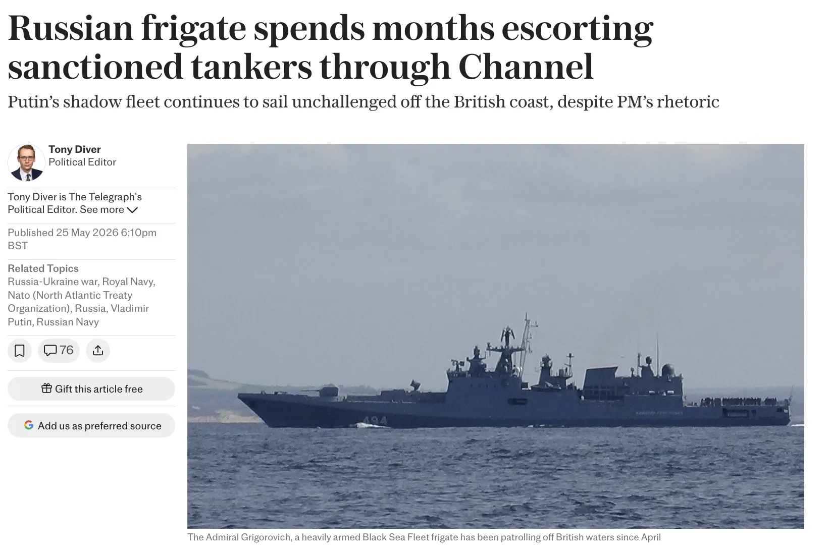 Russian frigate has been operating freely in the English Channel for months – The Telegraph