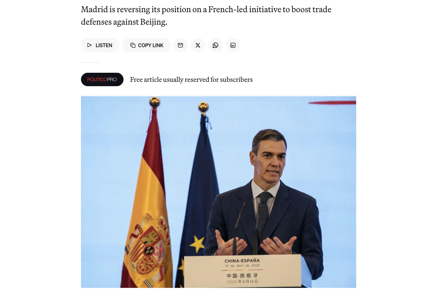 Spain has revised its stance on strengthening the EU's defenses against China — Politico