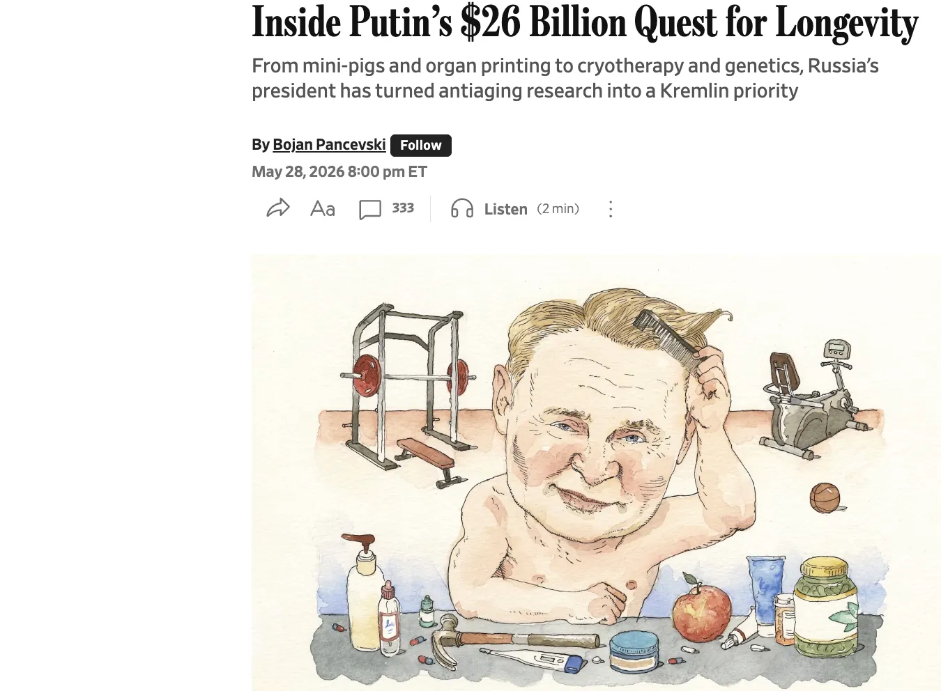 Путин вкладывает миллиарды в проекты, связанные с продлением жизни — WSJ
