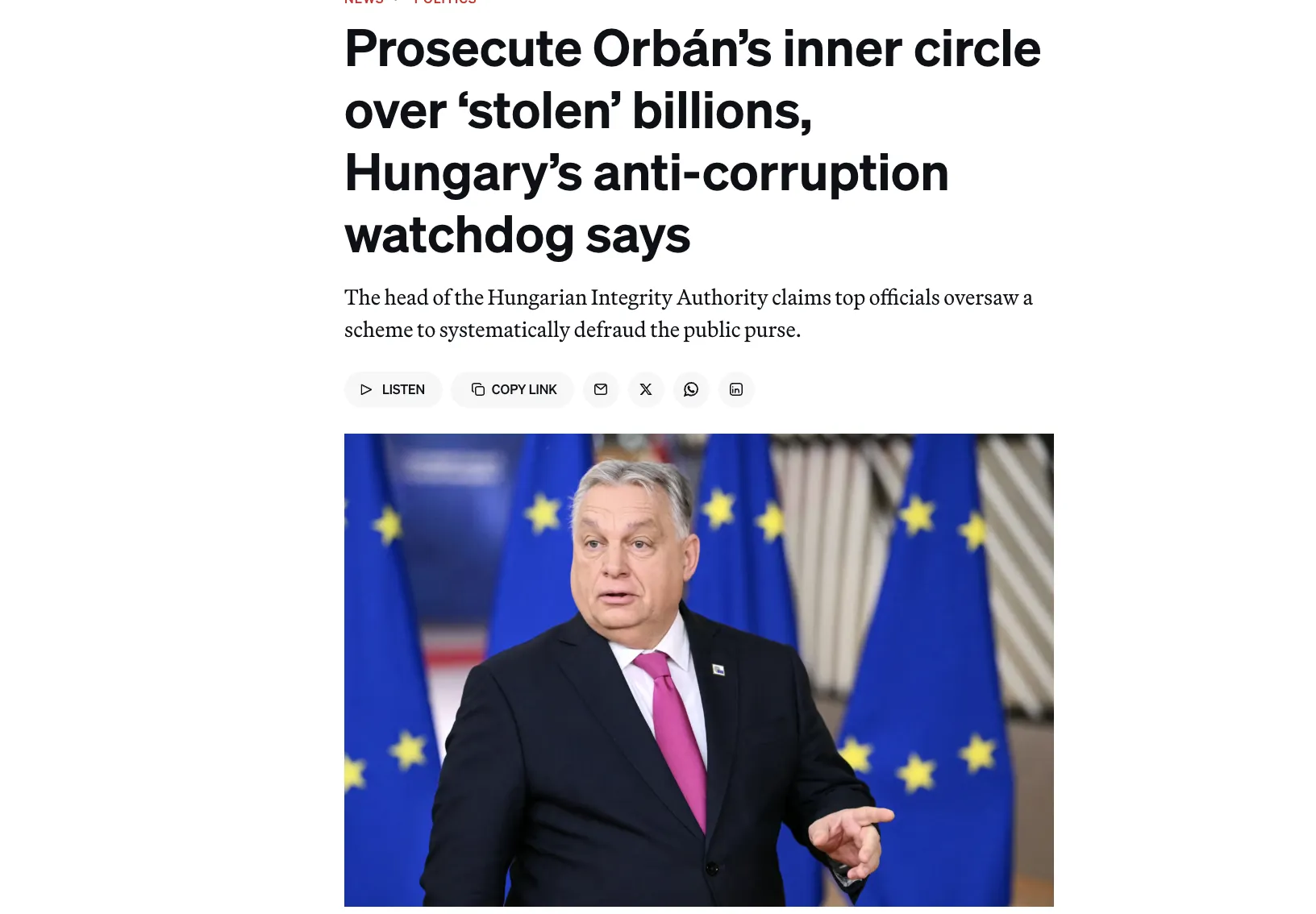 Hungary's anti-corruption agency has launched an investigation into Orbán's inner circle — Politico