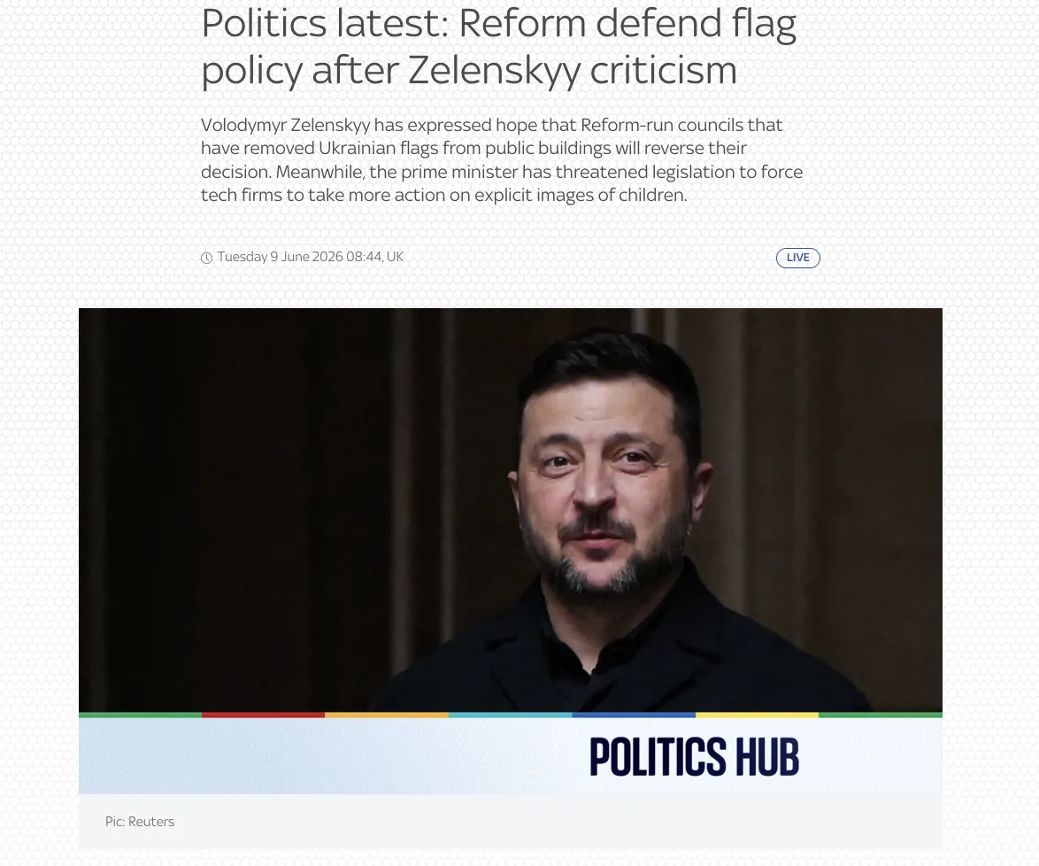 У Reform UK відреагували на заяву Зеленського щодо українських прапорів
