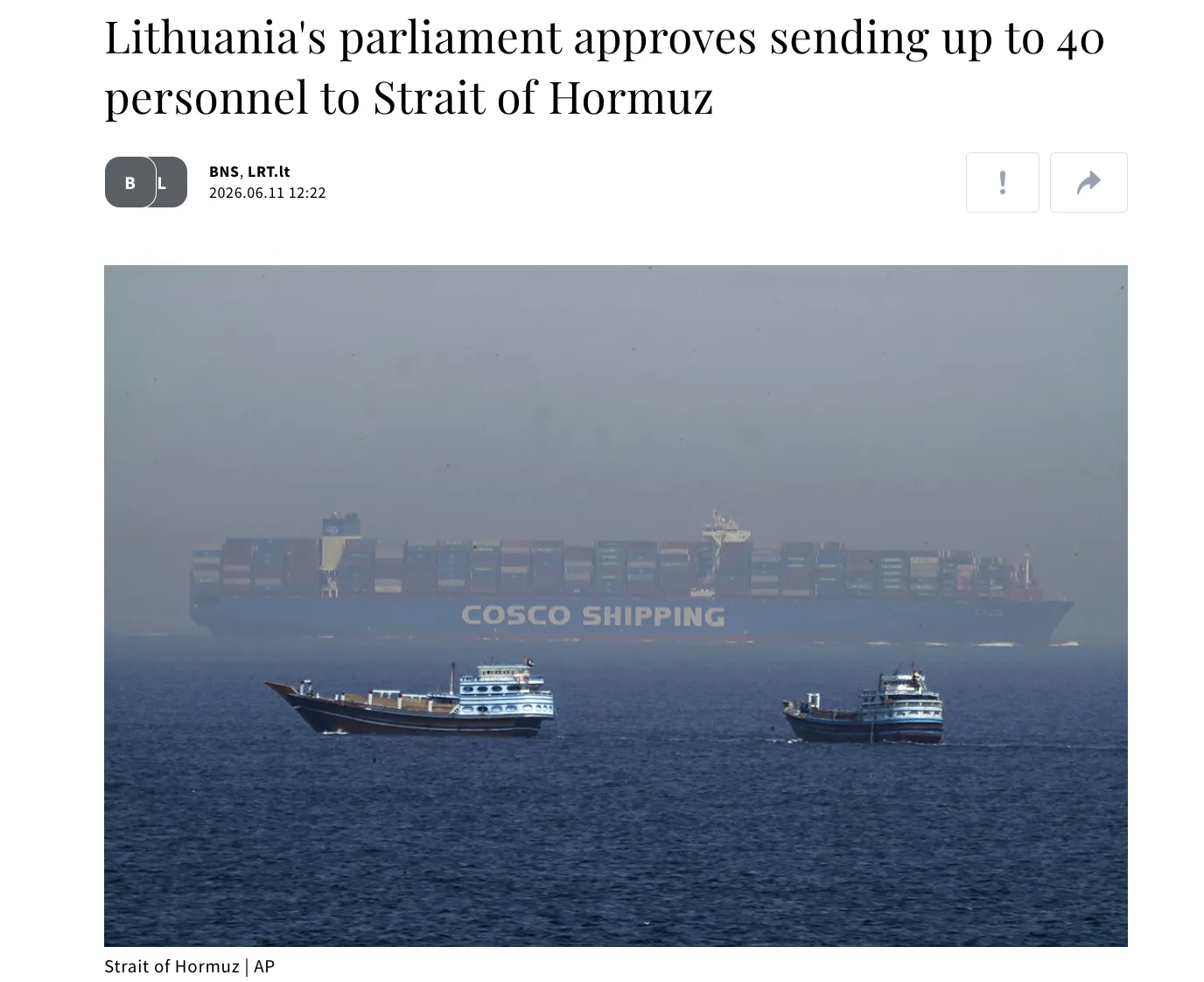 The Lithuanian Parliament has approved the deployment of troops to the Strait of Hormuz — LRT