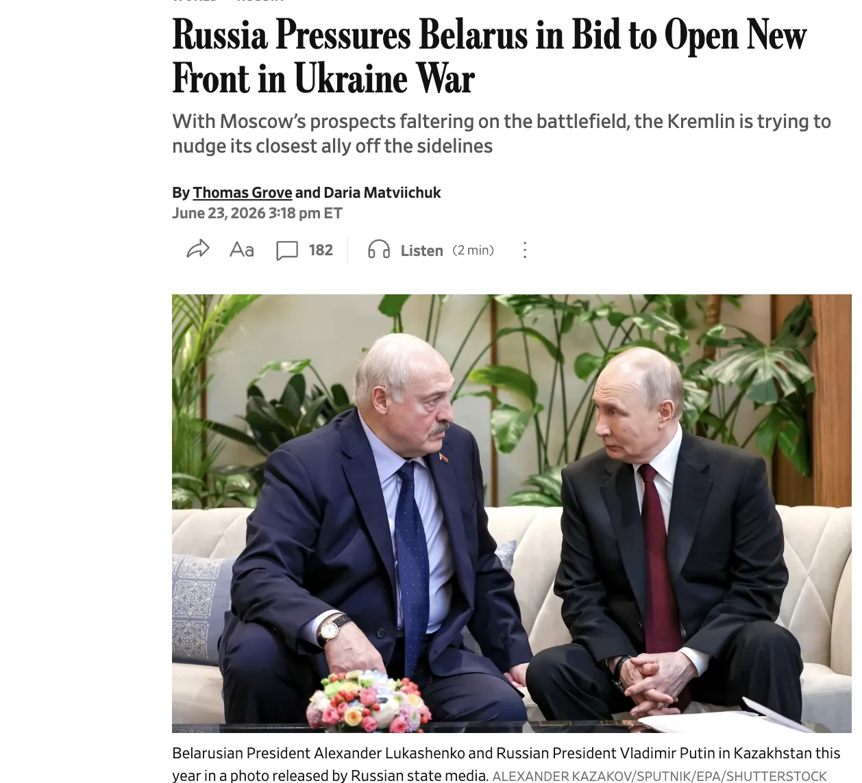 WSJ: Россия усиливает давление на Лукашенко с целью открытия второго фронта