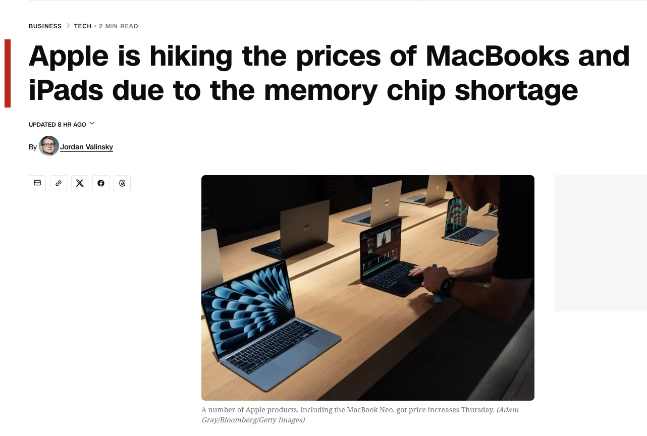 Apple підвищила ціни на MacBook, iPad і Vision Pro через подорожчання пам’яті