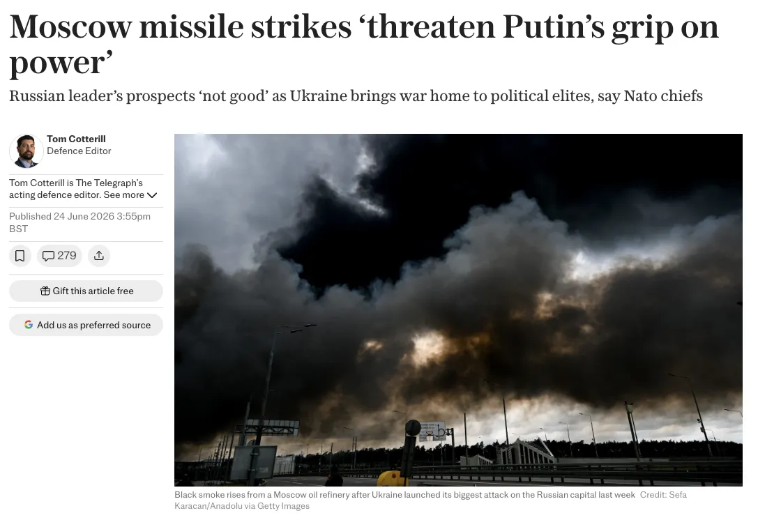 У НАТО оцінили вплив ударів по Москві на позиції Путіна – The Telegraph