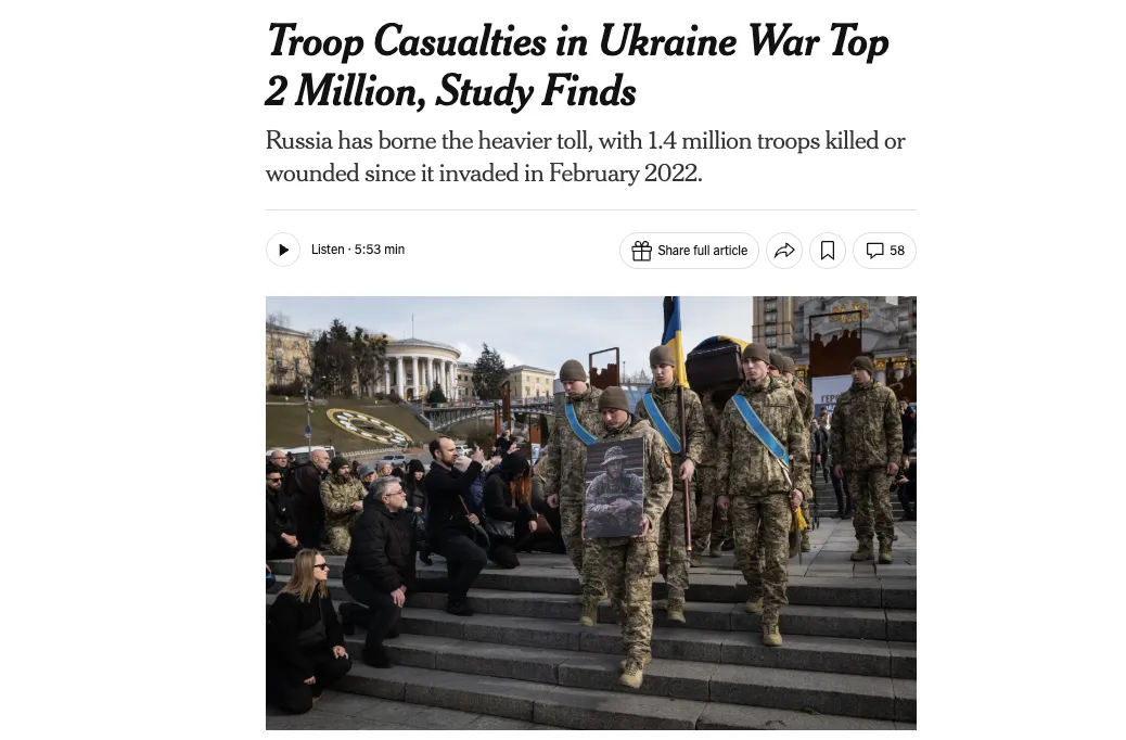 Потери армии РФ в войне против Украины превысили 2 млн человек — NYT