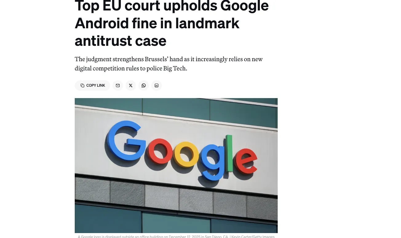 Суд ЕС оставил в силе штраф в размере 4,1 млрд евро, наложенный на Google