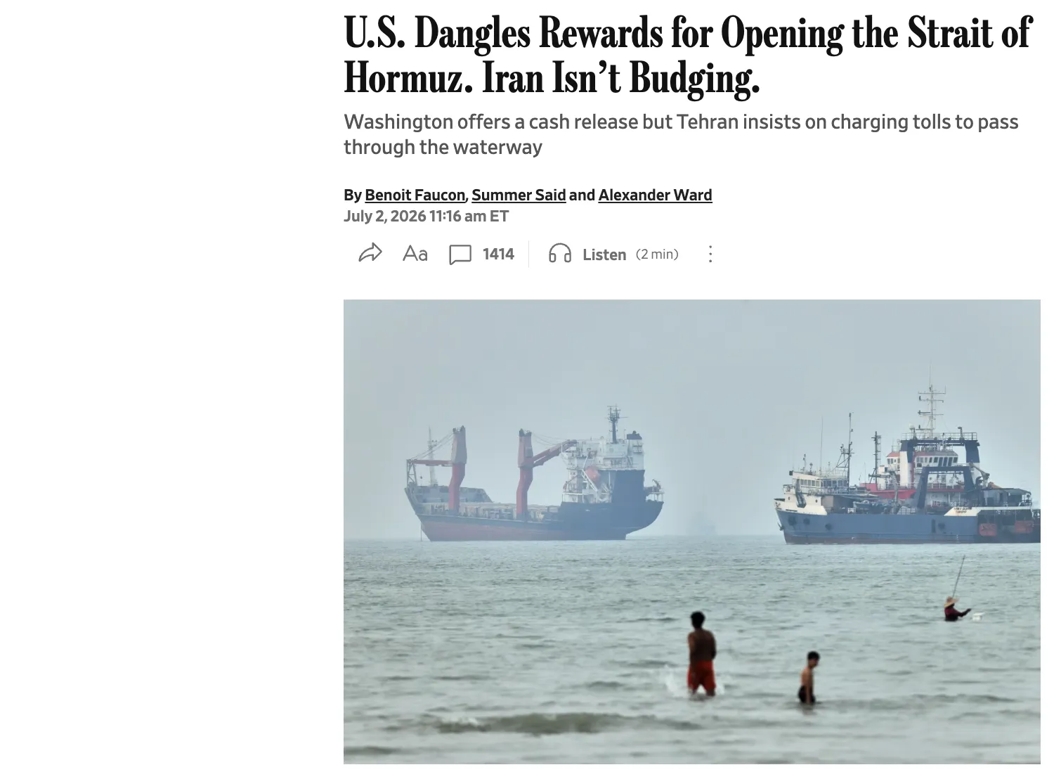 The U.S. May Unfreeze $100 Billion for Iran in Exchange for Access to the Strait of Hormuz — WSJ