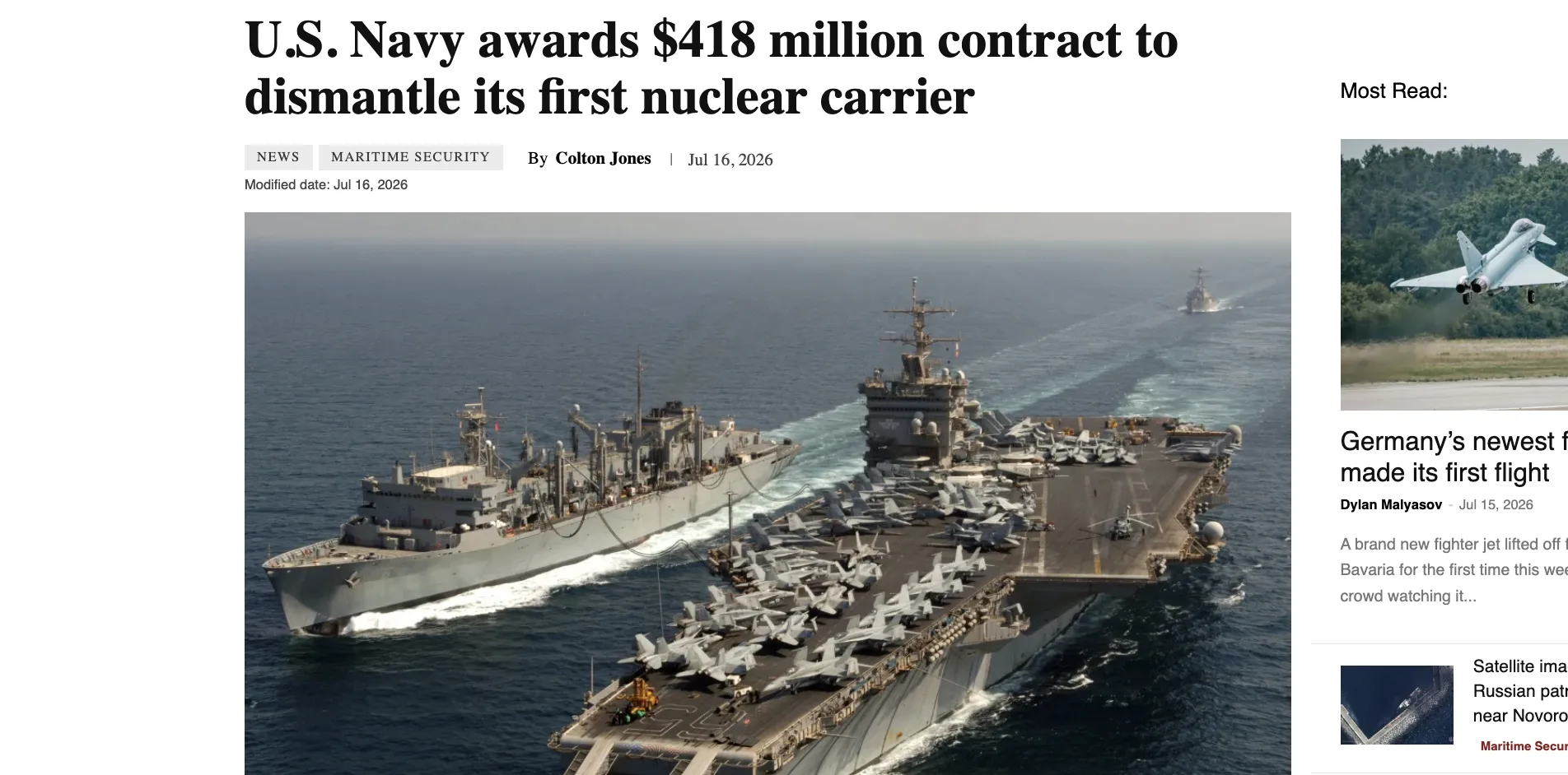США приступили к подготовке к утилизации первого в мире атомного авианосца USS Enterprise