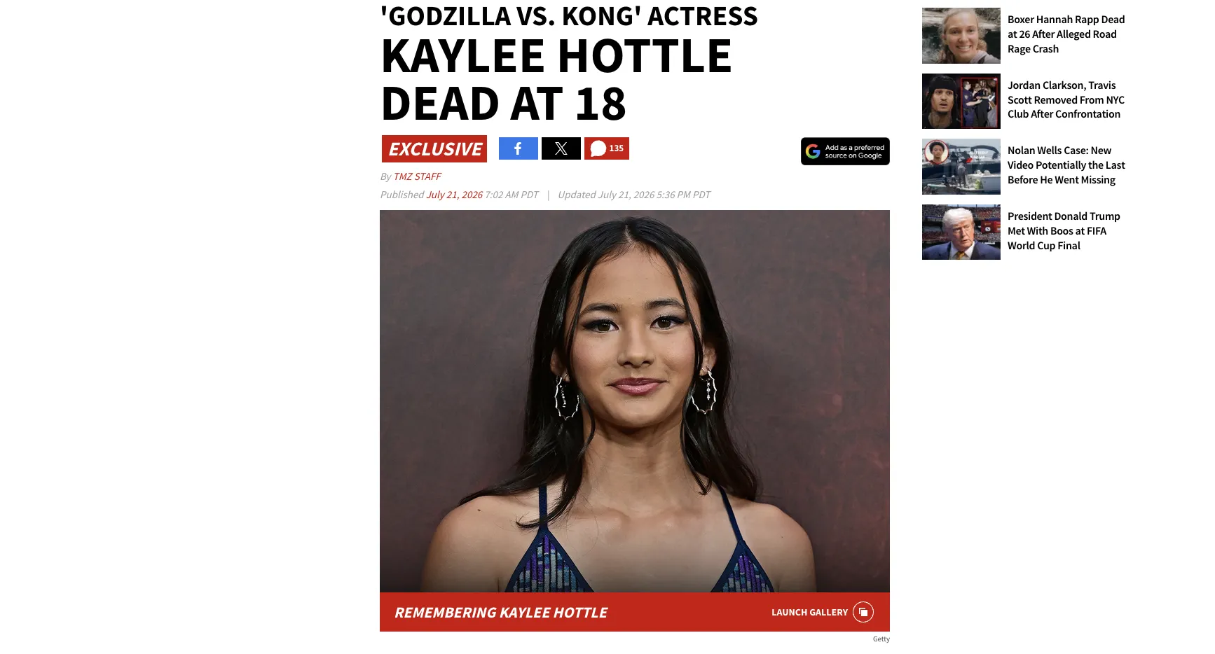 18-year-old actress Kaylee Gottle, who starred in the movie *Godzilla vs. Kong*, died in a car accident