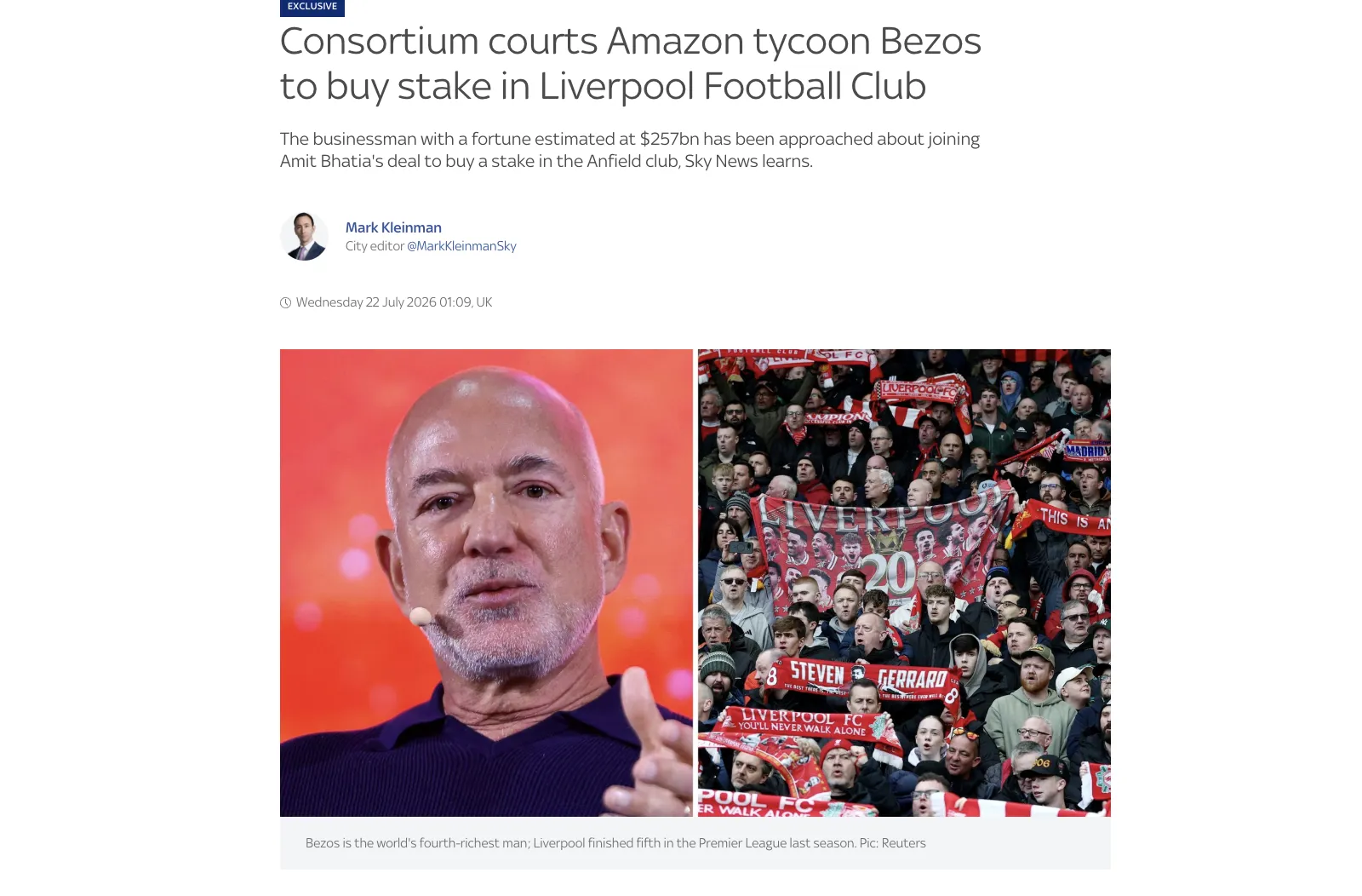 Jeff Bezos Was Offered a Stake in Liverpool – Sky News