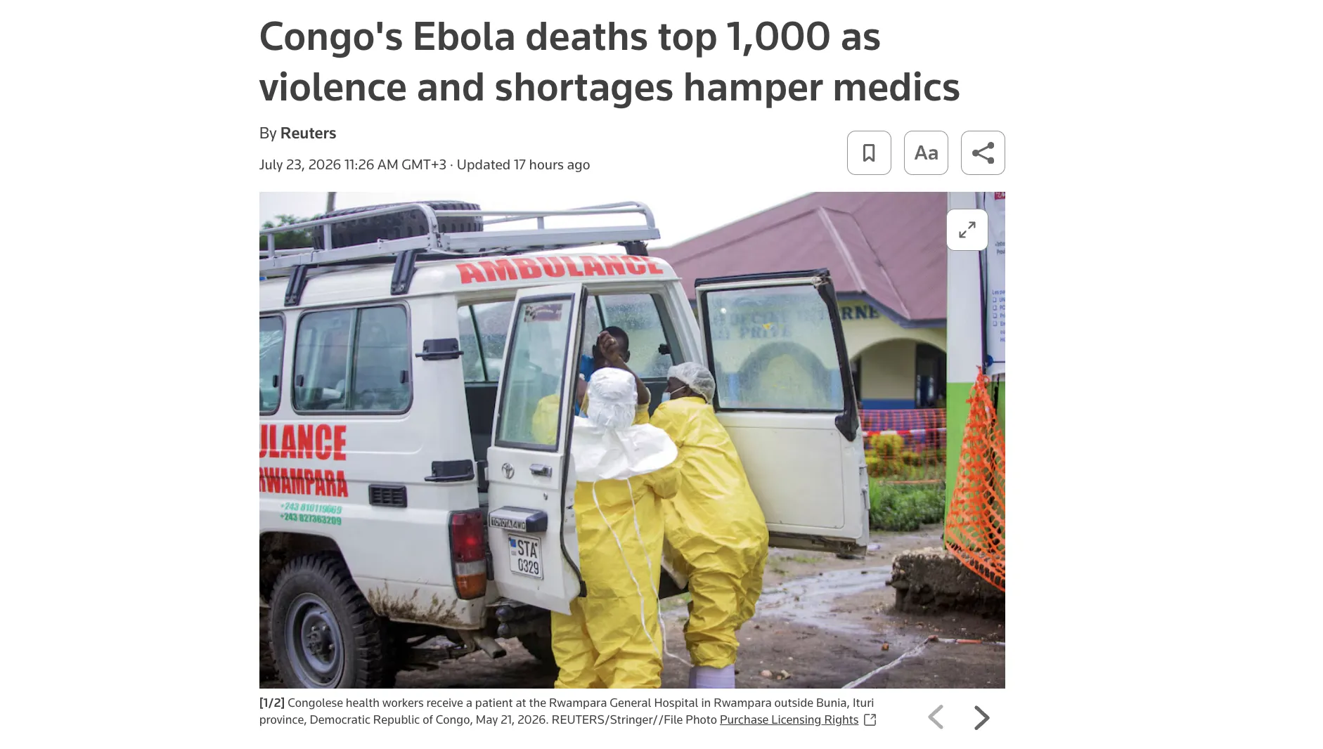 The death toll from the Ebola outbreak in the Congo has exceeded 1,000 — Reuters