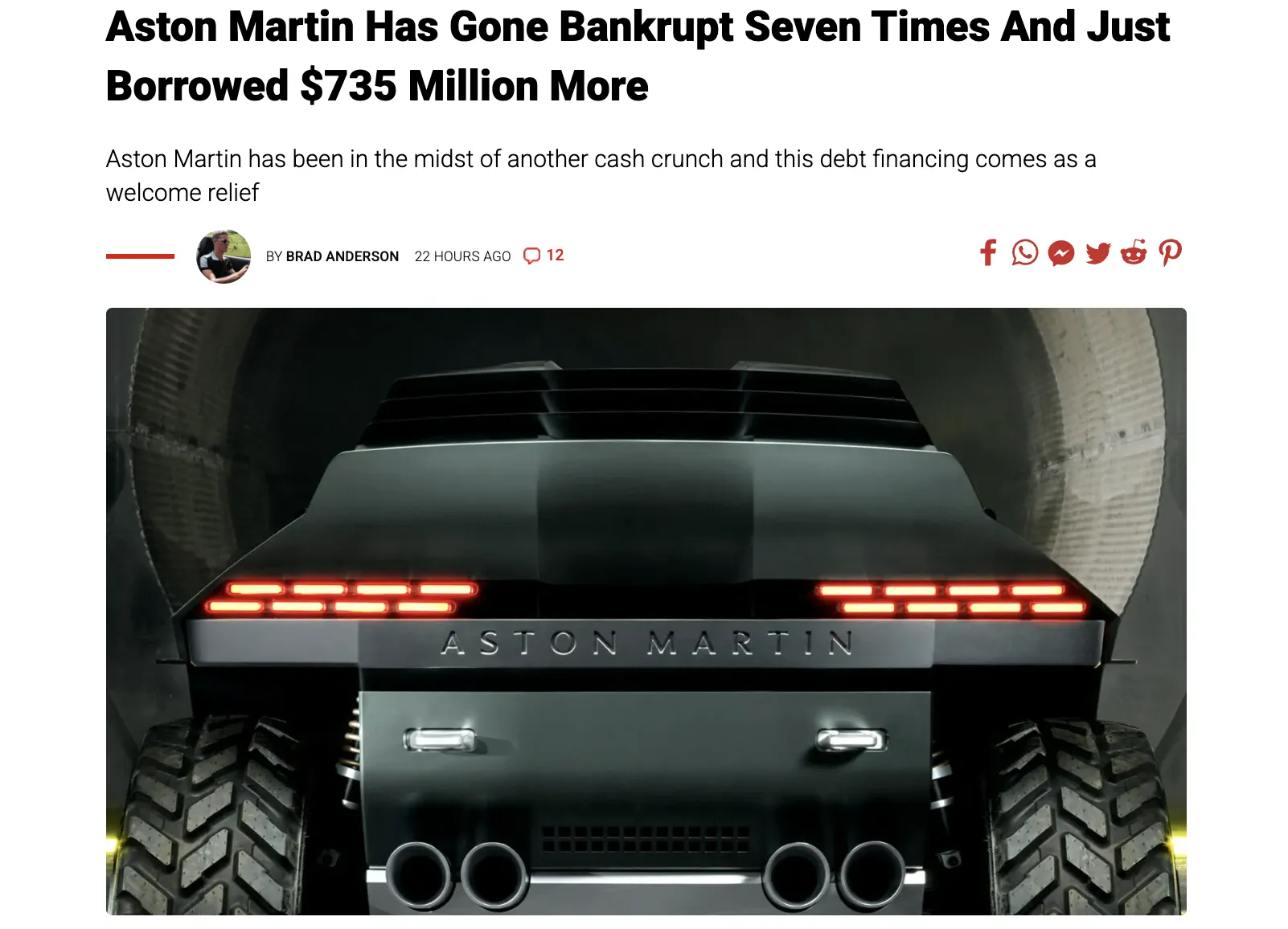 Aston Martin raised $735 million in debt financing to avoid bankruptcy