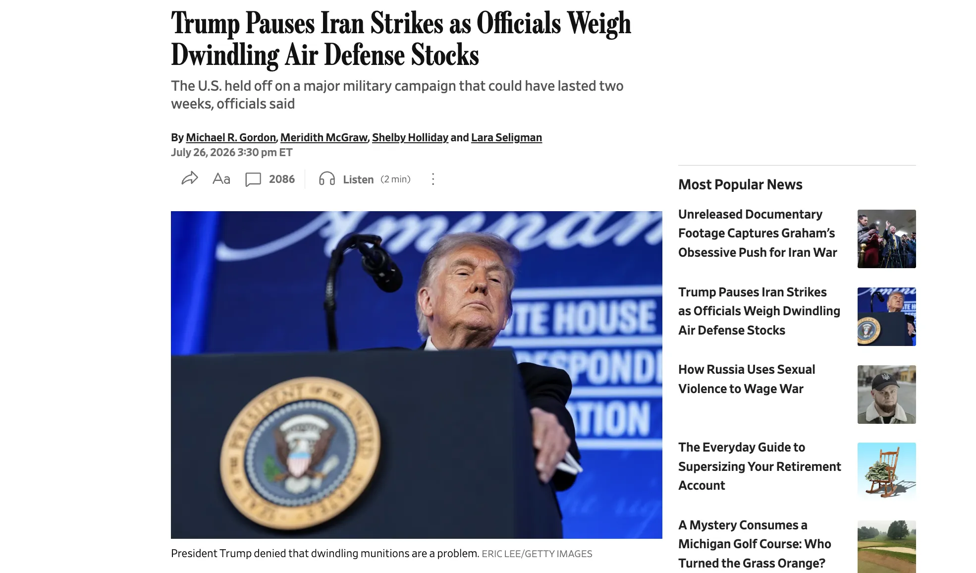 Trump Suspended Strikes on Iran Due to a Shortage of Missiles for the Patriot System — WSJ