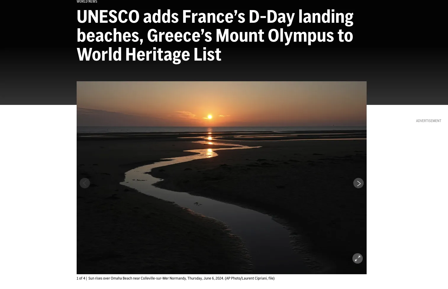 UNESCO has added the Allied landing beaches in Normandy and Mount Olympus to the World Heritage List — AP