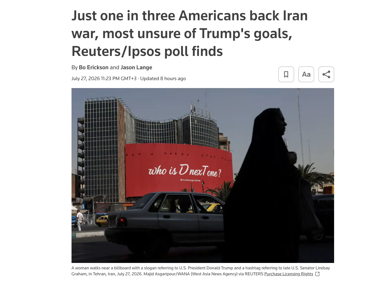 Trump's Approval Rating Rises Despite Declining Support for War with Iran — Reuters