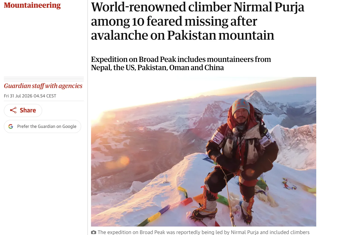 Star of Netflix documentary goes missing after avalanche in the mountains — The Guardian