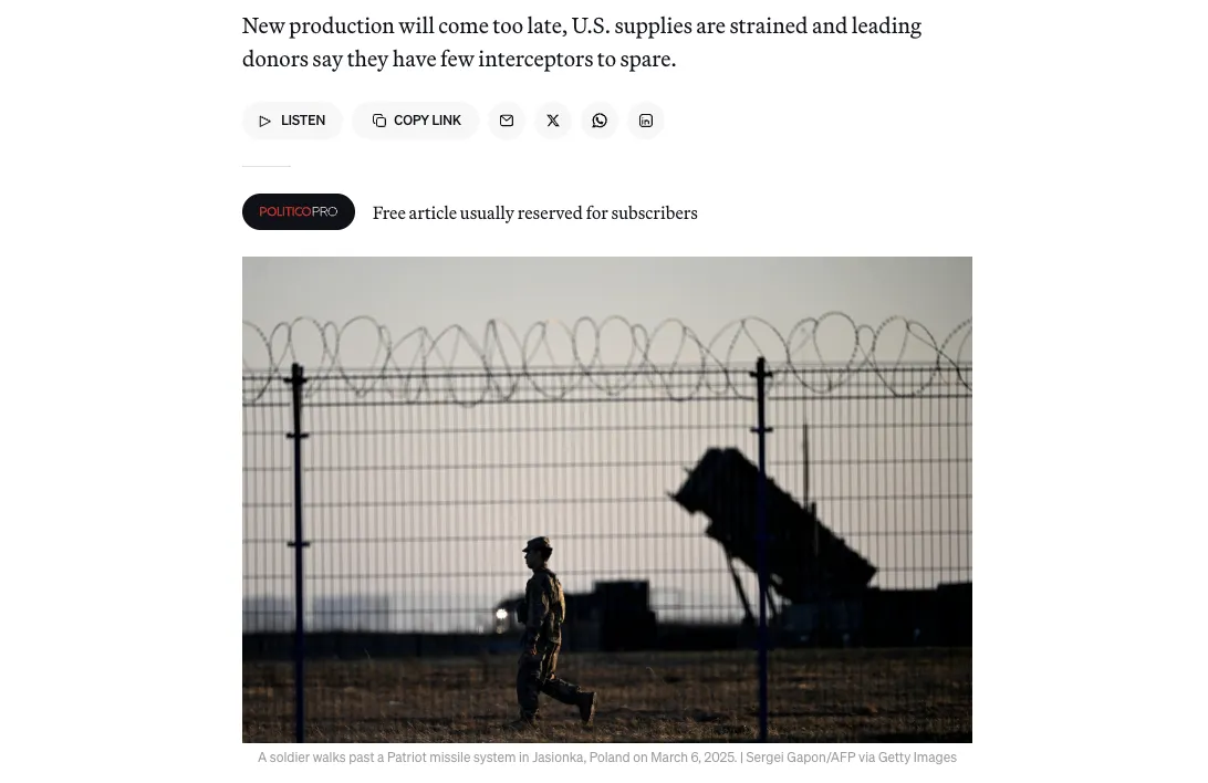 Европа ищет ракеты для Patriot, чтобы усилить защиту Украины — Politico