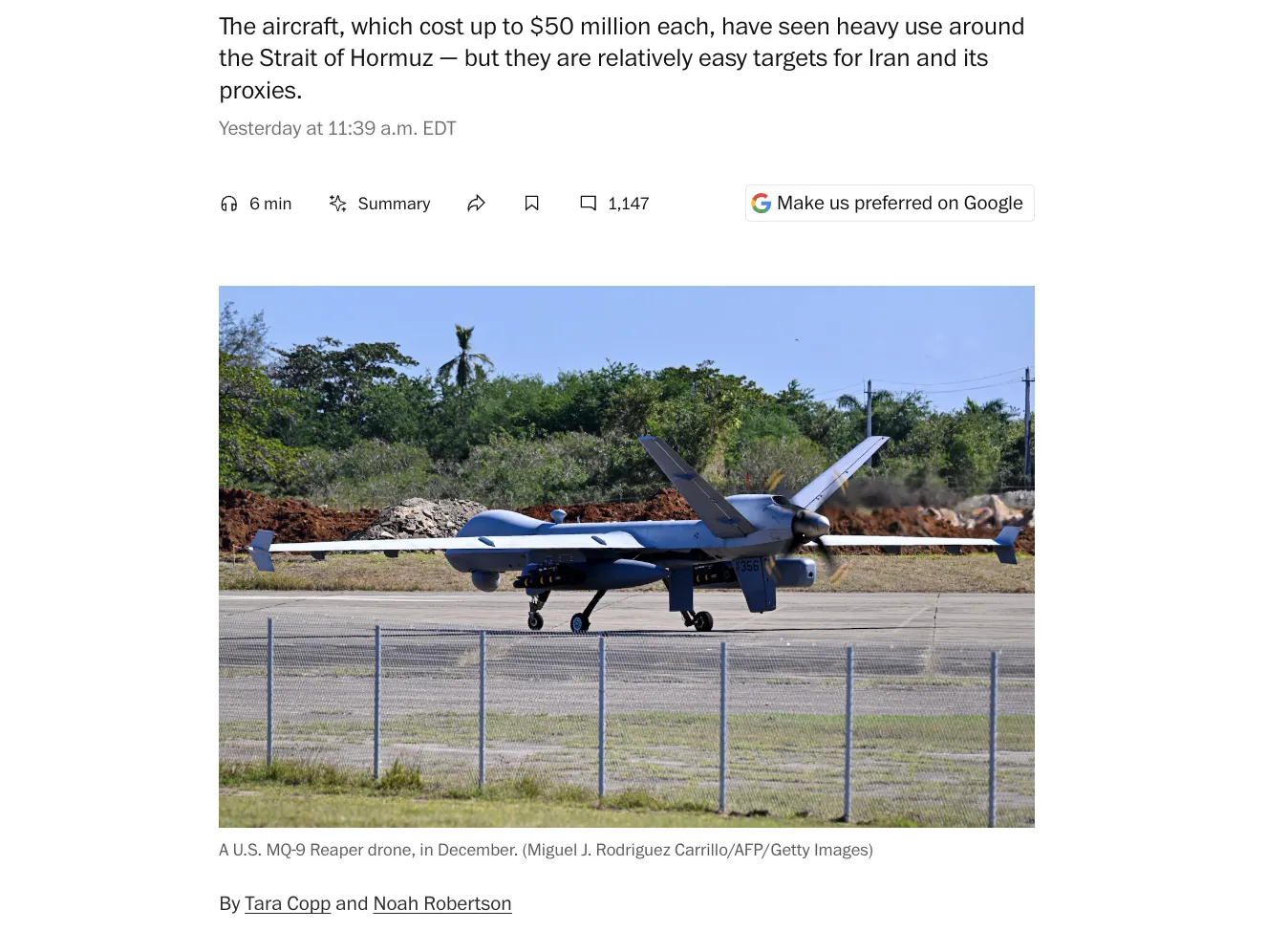 The U.S. Has Lost a Quarter of Its MQ-9 Reaper Fleet in the War with Iran — WP