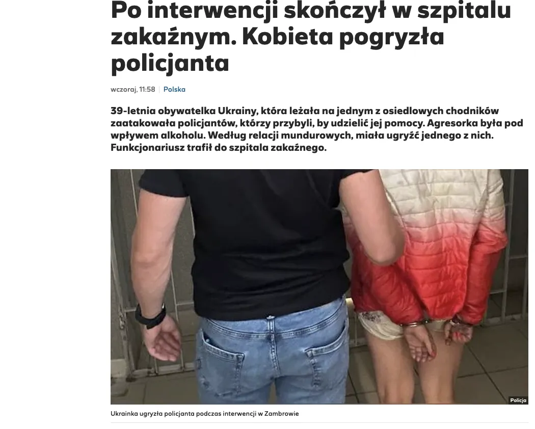 In Poland, an intoxicated Ukrainian woman bit a police officer and now faces criminal charges