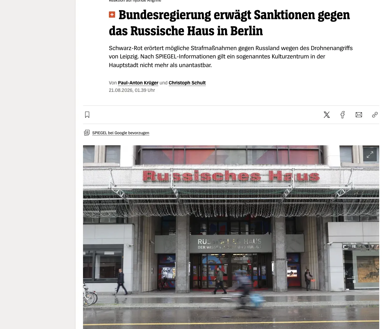 Discussions are underway in Germany regarding the closure of the Russian House in Berlin — Spiegel
