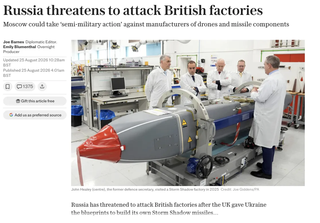 Russia Threatens to Strike British Factories Over Missiles for Ukraine — The Telegraph